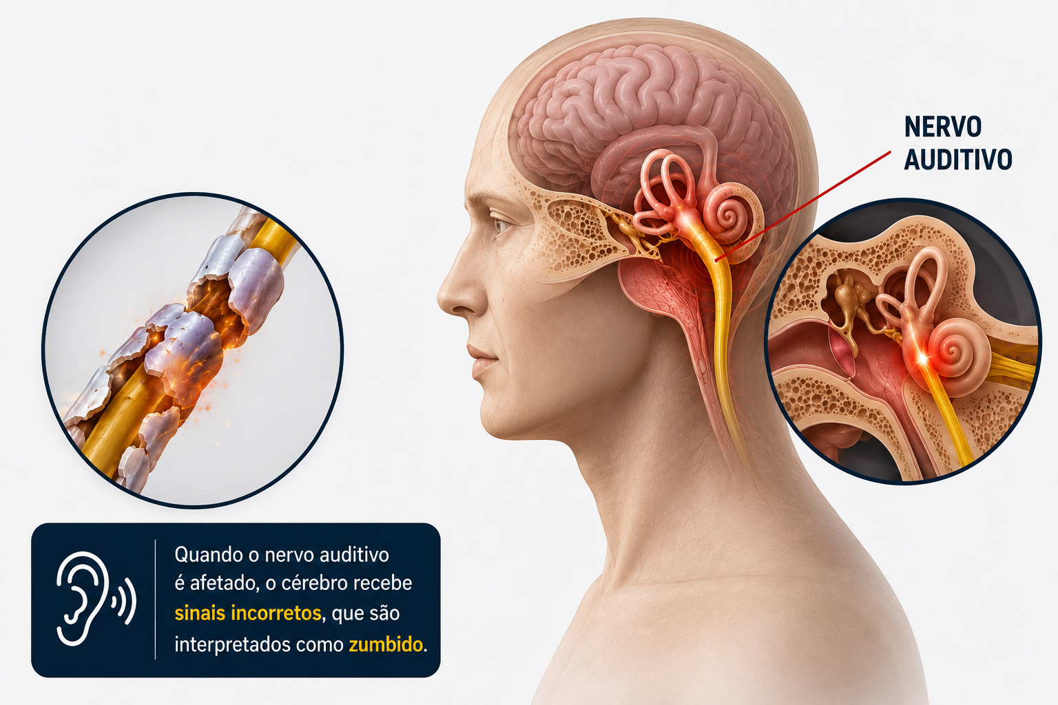 Ilustração médica do nervo auditivo e como o zumbido está relacionado à irritação ou dano neural