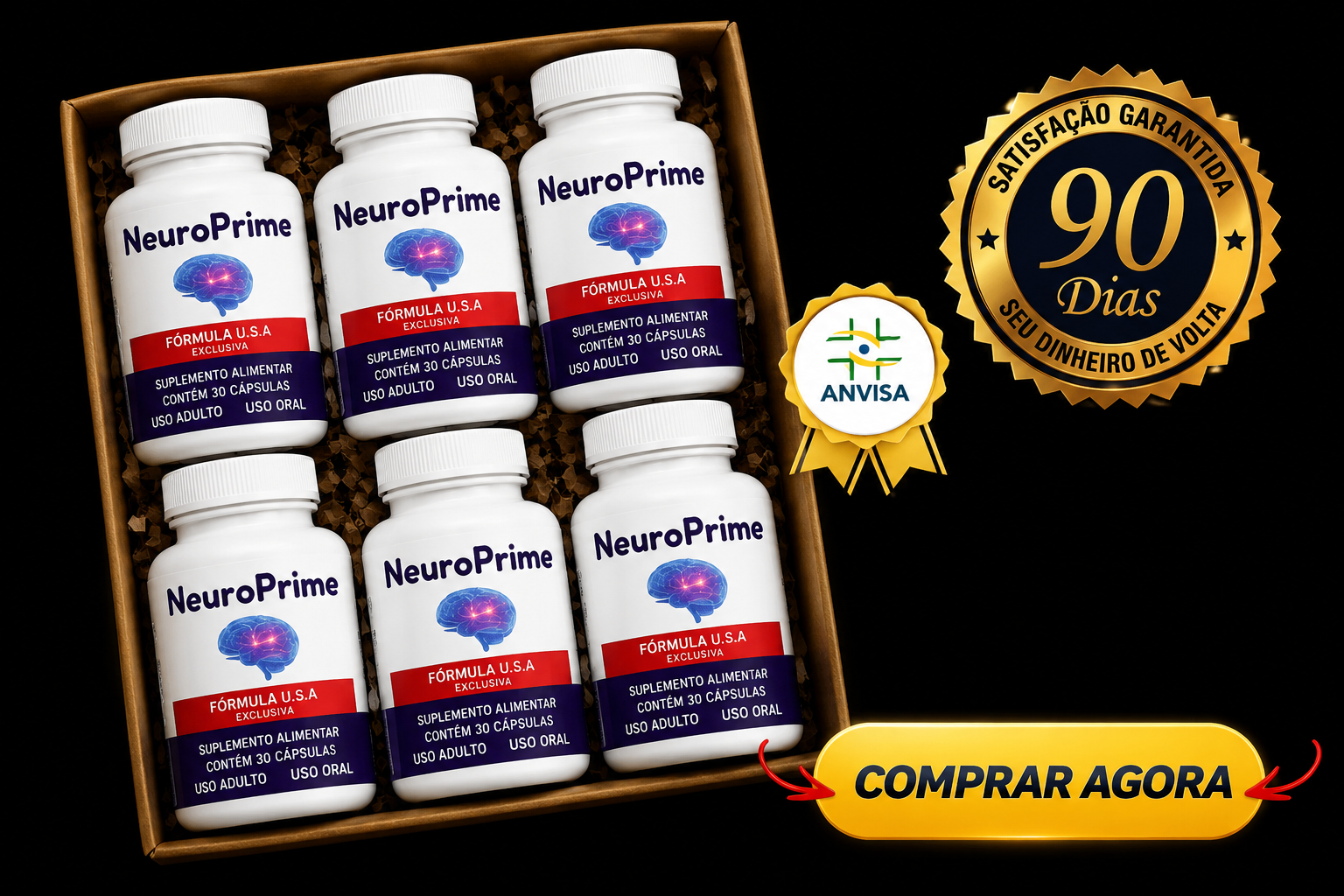 Kit com 6 potes de NEUROPRIME, selo Anvisa e garantia de 90 dias