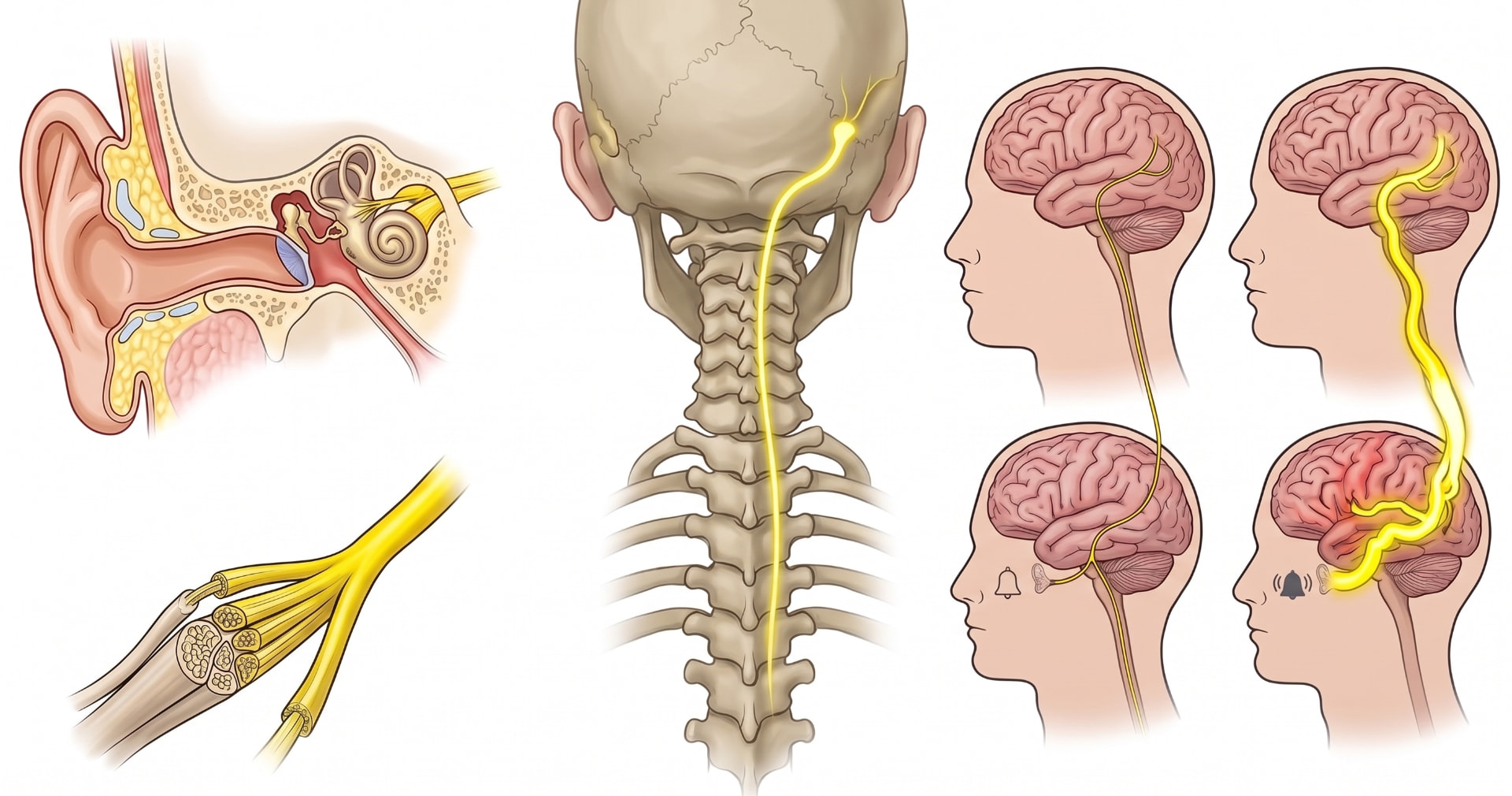 Ilustração médica da anatomia do ouvido interno e do nervo auditivo ligado ao cérebro